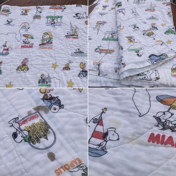 66" x 86" Rare Peanuts Snoopy Allover Print Quilted Vintage United State Map - Picture 3 of 5